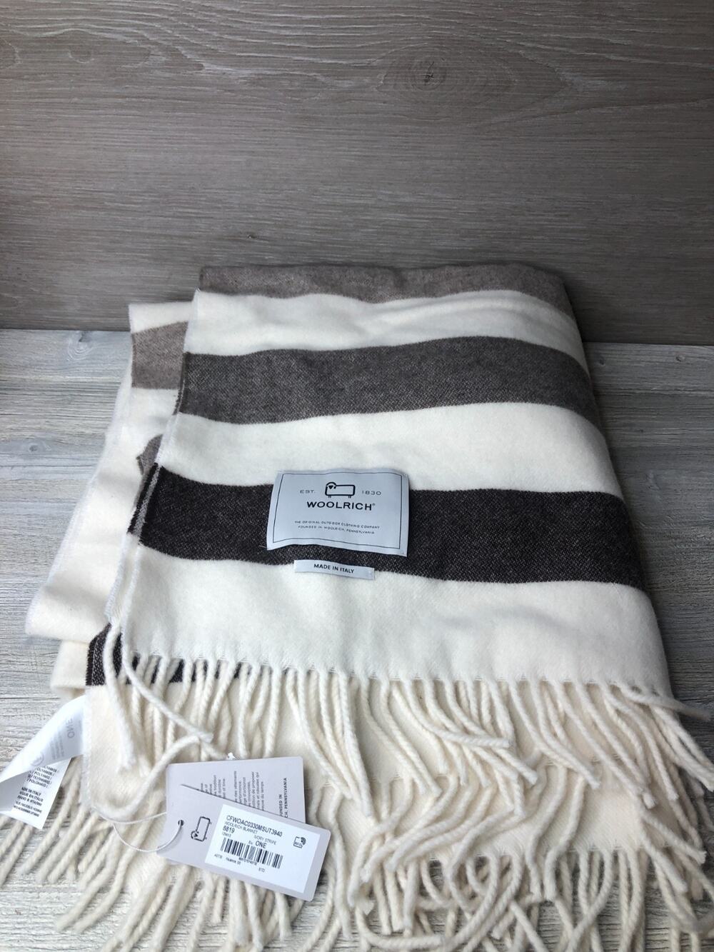 Woolrich Wool Blanket Throw Fringe Ivory & Brown Stripe 55.5" x 57" Italy NWT